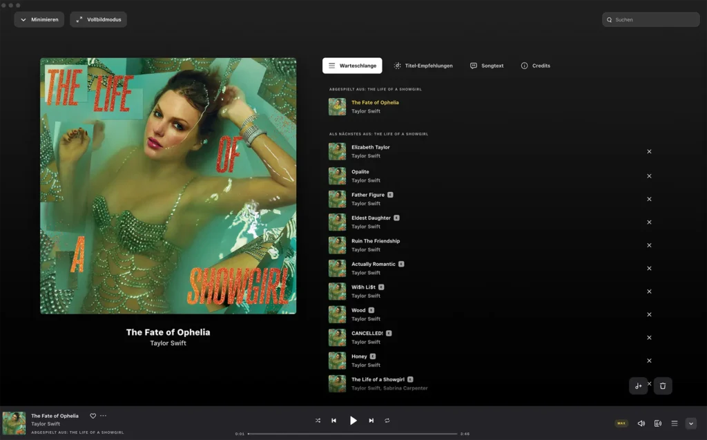Taylor Swifts Album „The Life of a Showgirl“ auf Spotify – Cover mit Unterwasser-Motiv, aktuell läuft der Song „The Fate of Ophelia“.