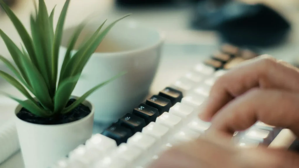 Nachhaltiges Arbeiten am Computer – grüne Pflanze, Tastatur und Kaffeetasse auf modernem Schreibtisch