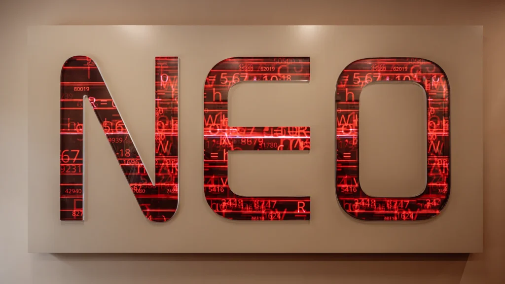 NEO-Schriftzug in der neuen Hauptverwaltung der Sparkasse Darmstadt als Symbol für moderne Wege, eine Gründung zu finanzieren