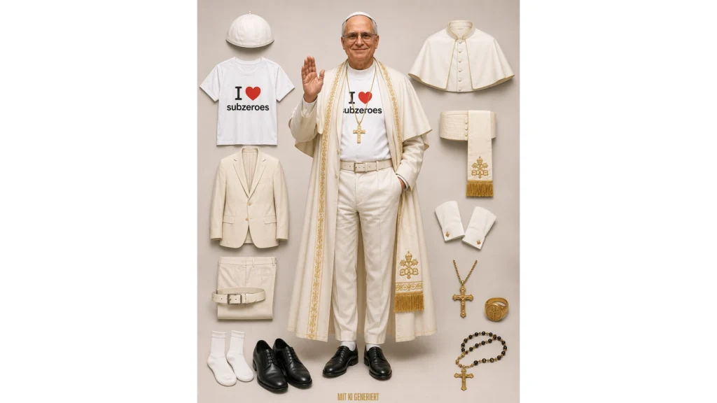 Humorvolle Modegrafik mit Papst Leo XIV. und verschiedenen Kleidungsstücken für einen modernen Papst-Auftritt bei der Vorstellung der Enzyklika, darunter Hemd, Hose, Schuhe und religiöse Accessoires. Bild ist mit KI erstellt
