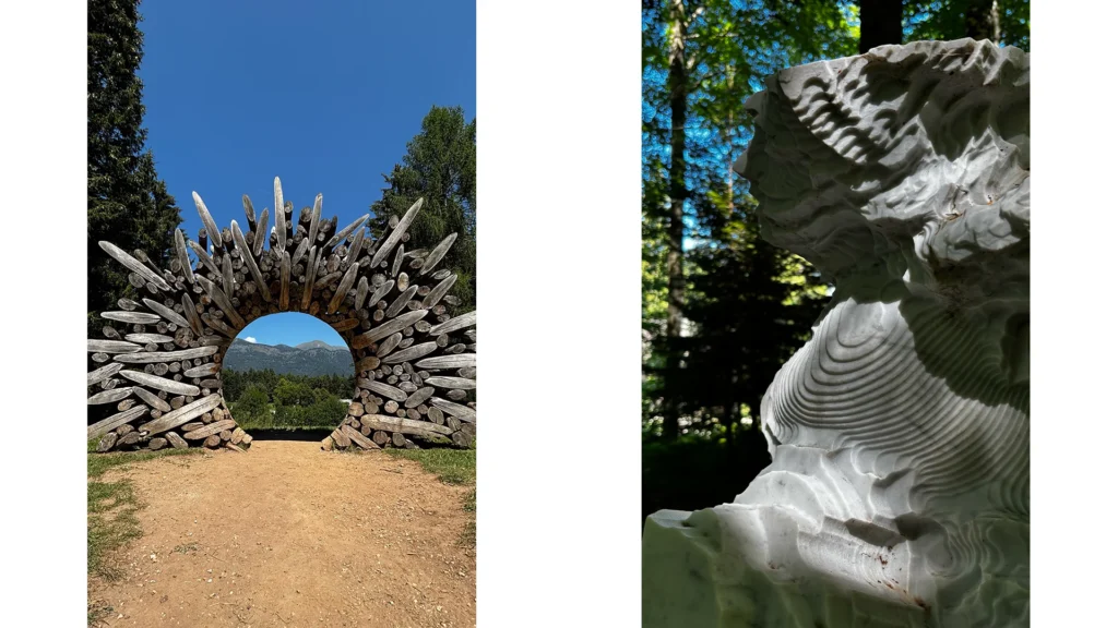 Links: Kunstinstallation aus Holz im Freilichtmuseum Arte Sella mit Blick auf die Berglandschaft Trentino;

Rechts: Detail einer Marmor Skulptur im Wald von Arte Sella