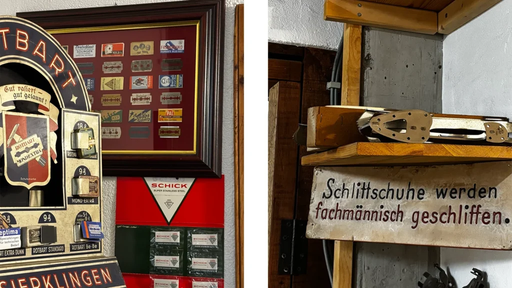 Historische Rasierklingen und Schild zum Schlittschuhschleifen im Museum der Schleiferei Rief