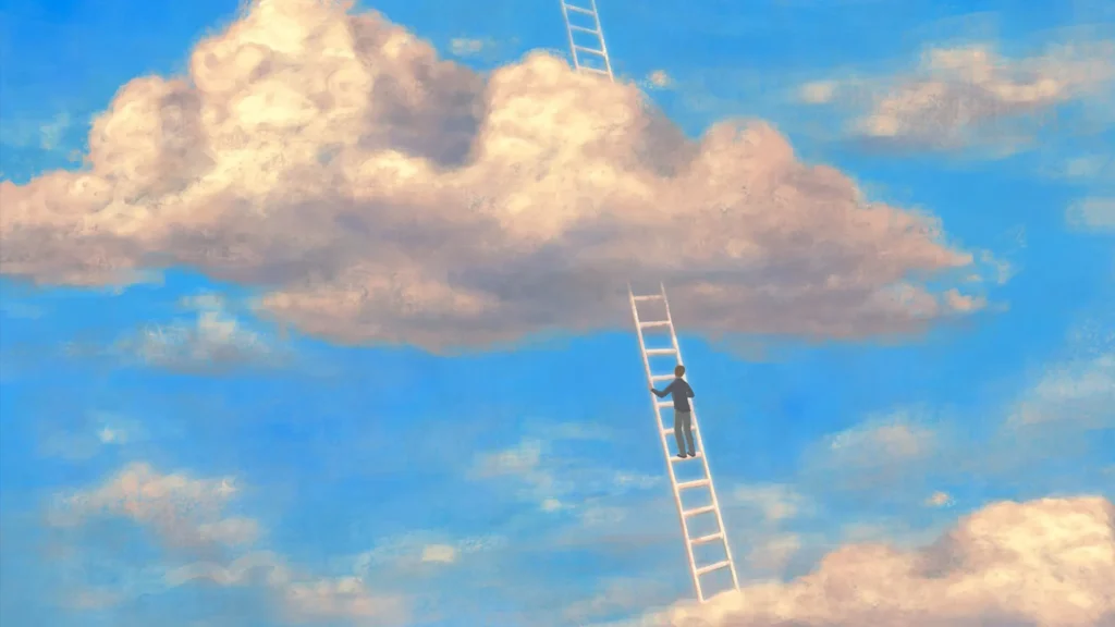 Illustration einer Person, die auf einer Leiter durch Wolken steigt – Sinnbild dafür, wie Lesen den Horizont erweitert