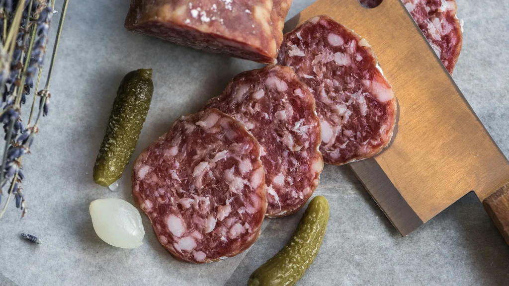 Aufschnitt von frischer Salami mit Gewürzgurken als Anspielung auf Marcants früheren Künstlernamen Salamibrötchen