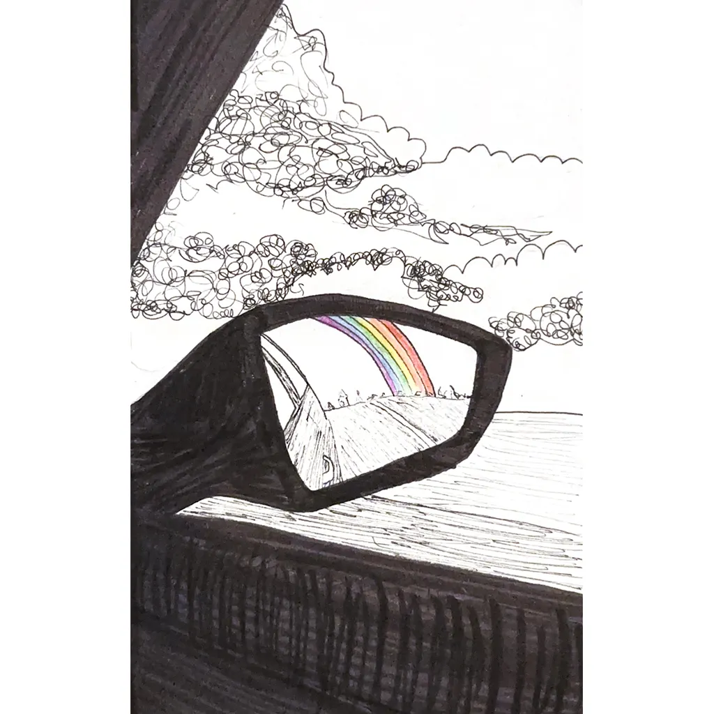 Inktober: Zeichnen mit Tinte. Im Außenspiegel eines Autos erscheint ein farbiger Regenbogen über einer Straße, darüber gekritzelte Wolken. Inktober-Zeichnung von @kallarized